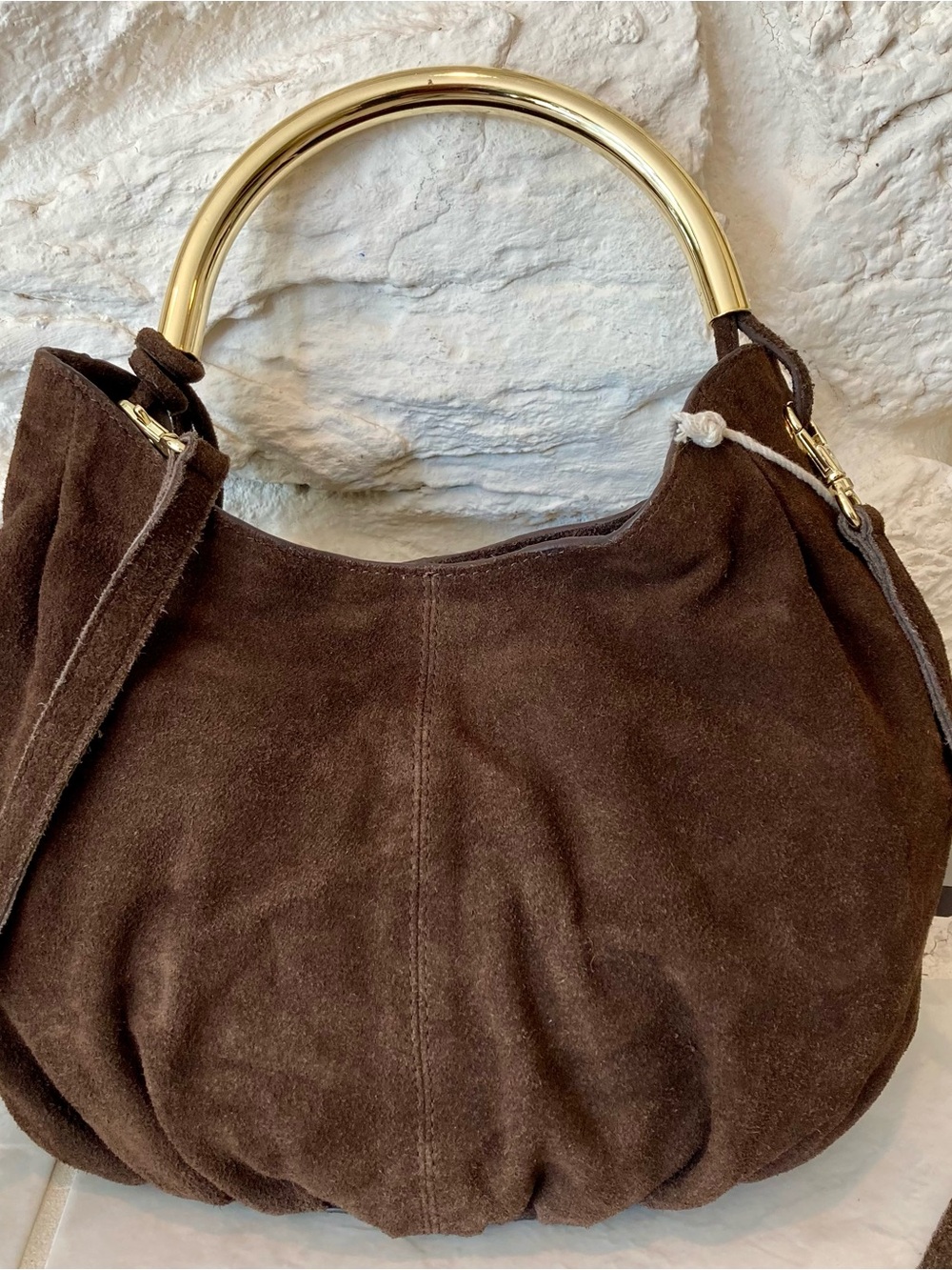 NWT Haute Hippie Brown Suede Hobo Bag/Crossbody with Gold Arched Handle - Picture 4 of 16